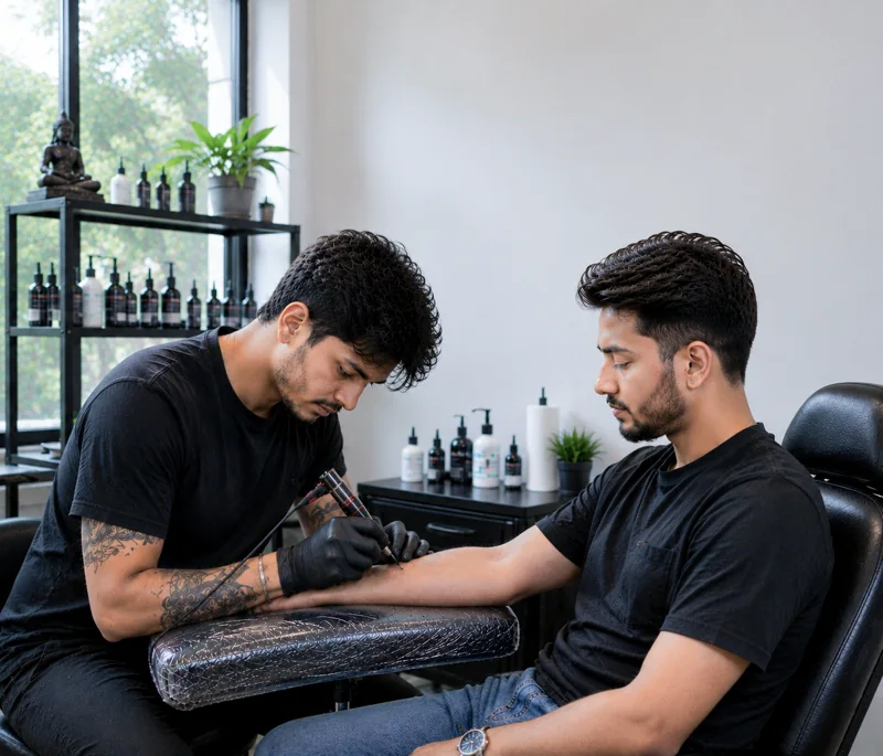 A tattoo session at Kingleo Tattooz Institute in Indore